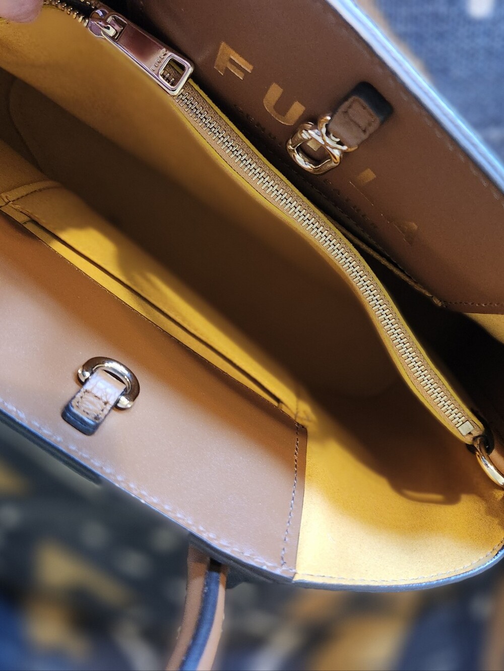 Furla Gilda Cognac Brown Leather Mini Tote Handbag NWOT Mustard Suede Giftable - Picture 9 of 10